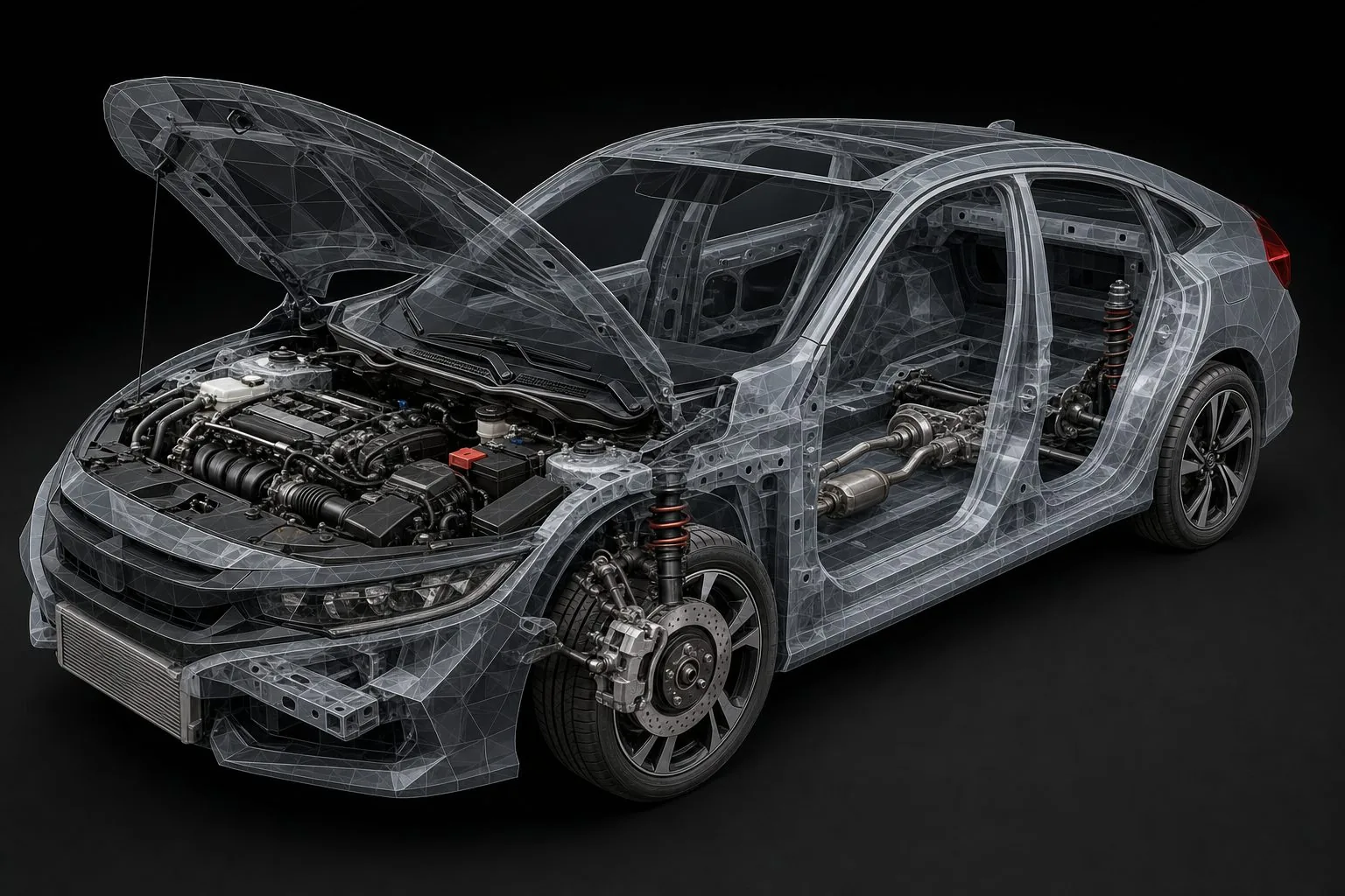 Cutaway illustration of a sedan showing engine, suspension and chassis, for service reference / 轿车透视示意图,展示引擎、悬挂与底盘结构,用于服务说明